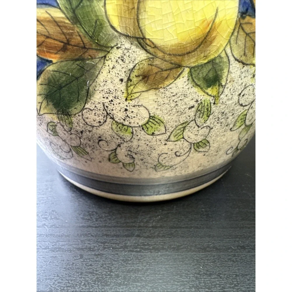 Lg Vtg Ceramic Pottery Teapot With‎ Lid Colorful Cobalt Blue Yellow Pears